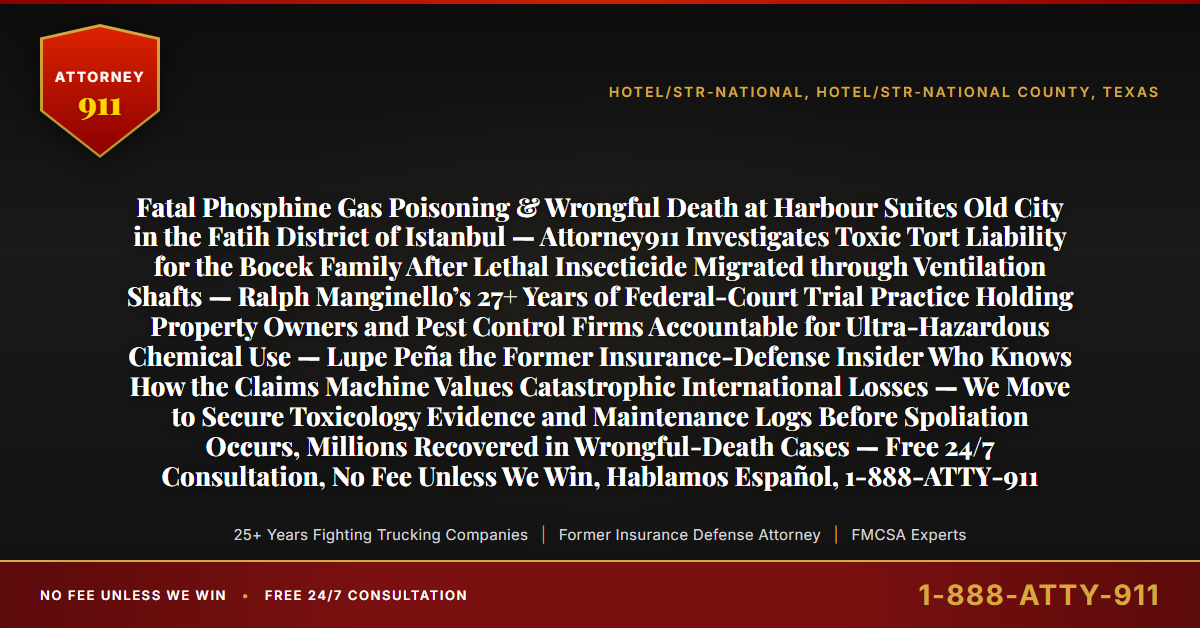 Fatal Phosphine Gas Poisoning & Wrongful Death at Harbour Suites Old City in the Fatih District of Istanbul — Attorney911 Investigates Toxic Tort Liability for the Bocek Family After Lethal Insecticide Migrated through Ventilation Shafts — Ralph Manginello’s 27+ Years of Federal-Court Trial Practice Holding Property Owners and Pest Control Firms Accountable for Ultra-Hazardous Chemical Use — Lupe Peña the Former Insurance-Defense Insider Who Knows How the Claims Machine Values Catastrophic International Losses — We Move to Secure Toxicology Evidence and Maintenance Logs Before Spoliation Occurs, Millions Recovered in Wrongful-Death Cases — Free 24/7 Consultation, No Fee Unless We Win, Hablamos Español, 1-888-ATTY-911 - Attorney911