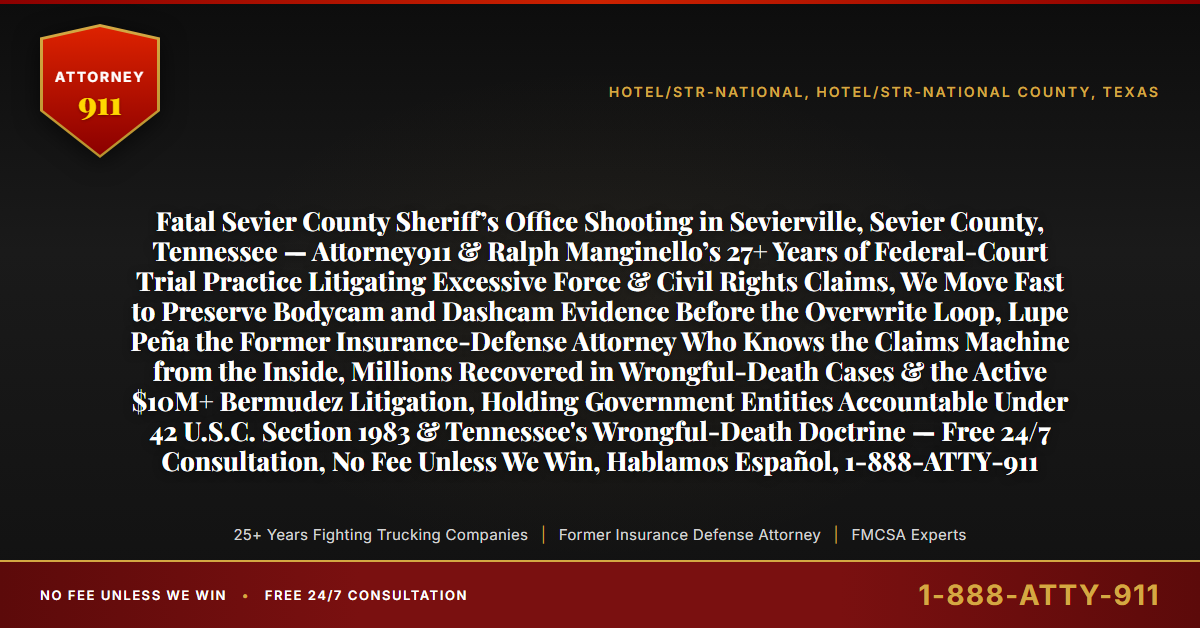 Fatal Sevier County Sheriff’s Office Shooting in Sevierville, Sevier County, Tennessee — Attorney911 & Ralph Manginello’s 27+ Years of Federal-Court Trial Practice Litigating Excessive Force & Civil Rights Claims, We Move Fast to Preserve Bodycam and Dashcam Evidence Before the Overwrite Loop, Lupe Peña the Former Insurance-Defense Attorney Who Knows the Claims Machine from the Inside, Millions Recovered in Wrongful-Death Cases & the Active $10M+ Bermudez Litigation, Holding Government Entities Accountable Under 42 U.S.C. Section 1983 & Tennessee's Wrongful-Death Doctrine — Free 24/7 Consultation, No Fee Unless We Win, Hablamos Español, 1-888-ATTY-911 - Attorney911