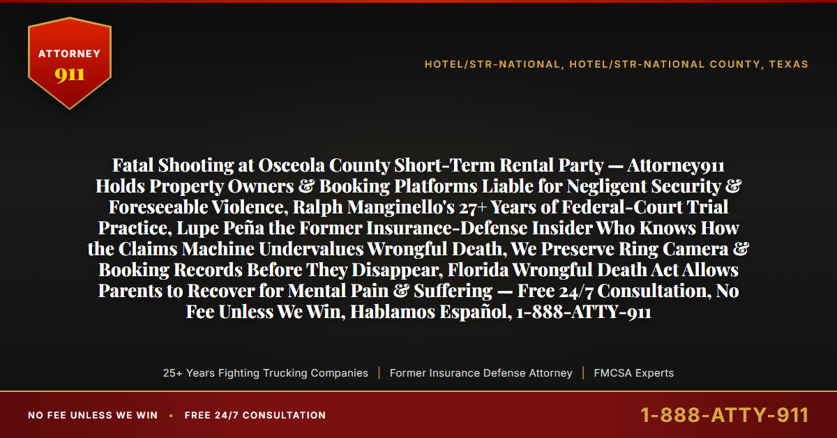 Fatal Shooting at Osceola County Short-Term Rental Party — Attorney911 Holds Property Owners & Booking Platforms Liable for Negligent Security & Foreseeable Violence, Ralph Manginello's 27+ Years of Federal-Court Trial Practice, Lupe Peña the Former Insurance-Defense Insider Who Knows How the Claims Machine Undervalues Wrongful Death, We Preserve Ring Camera & Booking Records Before They Disappear, Florida Wrongful Death Act Allows Parents to Recover for Mental Pain & Suffering — Free 24/7 Consultation, No Fee Unless We Win, Hablamos Español, 1-888-ATTY-911 - Attorney911