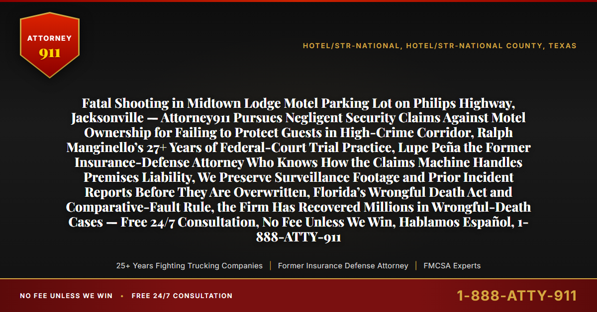 Fatal Shooting in Midtown Lodge Motel Parking Lot on Philips Highway, Jacksonville — Attorney911 Pursues Negligent Security Claims Against Motel Ownership for Failing to Protect Guests in High-Crime Corridor, Ralph Manginello’s 27+ Years of Federal-Court Trial Practice, Lupe Peña the Former Insurance-Defense Attorney Who Knows How the Claims Machine Handles Premises Liability, We Preserve Surveillance Footage and Prior Incident Reports Before They Are Overwritten, Florida’s Wrongful Death Act and Comparative-Fault Rule, the Firm Has Recovered Millions in Wrongful-Death Cases — Free 24/7 Consultation, No Fee Unless We Win, Hablamos Español, 1-888-ATTY-911 - Attorney911