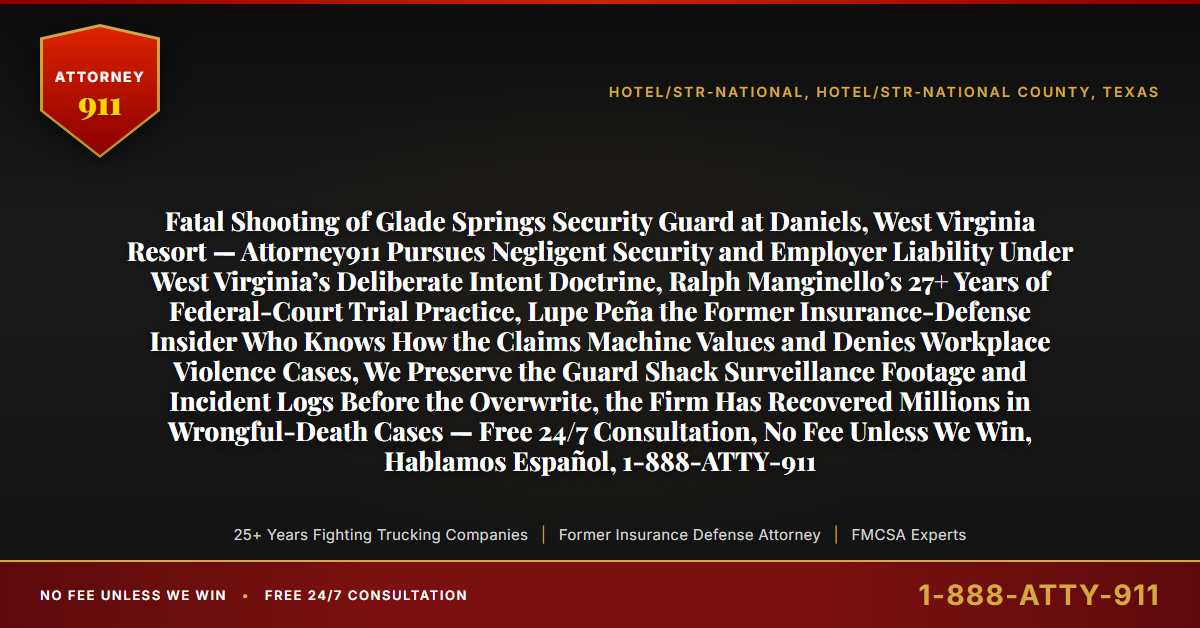 Fatal Shooting of Glade Springs Security Guard at Daniels, West Virginia Resort — Attorney911 Pursues Negligent Security and Employer Liability Under West Virginia’s Deliberate Intent Doctrine, Ralph Manginello’s 27+ Years of Federal-Court Trial Practice, Lupe Peña the Former Insurance-Defense Insider Who Knows How the Claims Machine Values and Denies Workplace Violence Cases, We Preserve the Guard Shack Surveillance Footage and Incident Logs Before the Overwrite, the Firm Has Recovered Millions in Wrongful-Death Cases — Free 24/7 Consultation, No Fee Unless We Win, Hablamos Español, 1-888-ATTY-911 - Attorney911