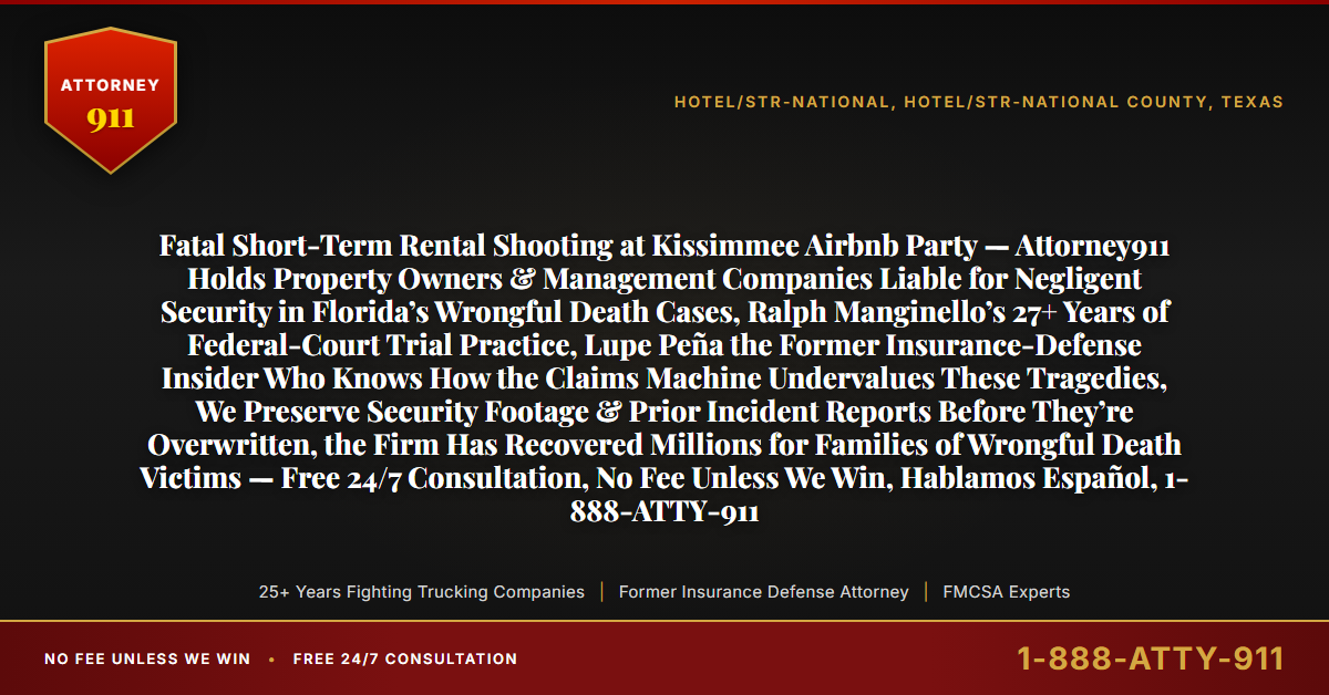 Fatal Short-Term Rental Shooting at Kissimmee Airbnb Party — Attorney911 Holds Property Owners & Management Companies Liable for Negligent Security in Florida’s Wrongful Death Cases, Ralph Manginello’s 27+ Years of Federal-Court Trial Practice, Lupe Peña the Former Insurance-Defense Insider Who Knows How the Claims Machine Undervalues These Tragedies, We Preserve Security Footage & Prior Incident Reports Before They’re Overwritten, the Firm Has Recovered Millions for Families of Wrongful Death Victims — Free 24/7 Consultation, No Fee Unless We Win, Hablamos Español, 1-888-ATTY-911 - Attorney911