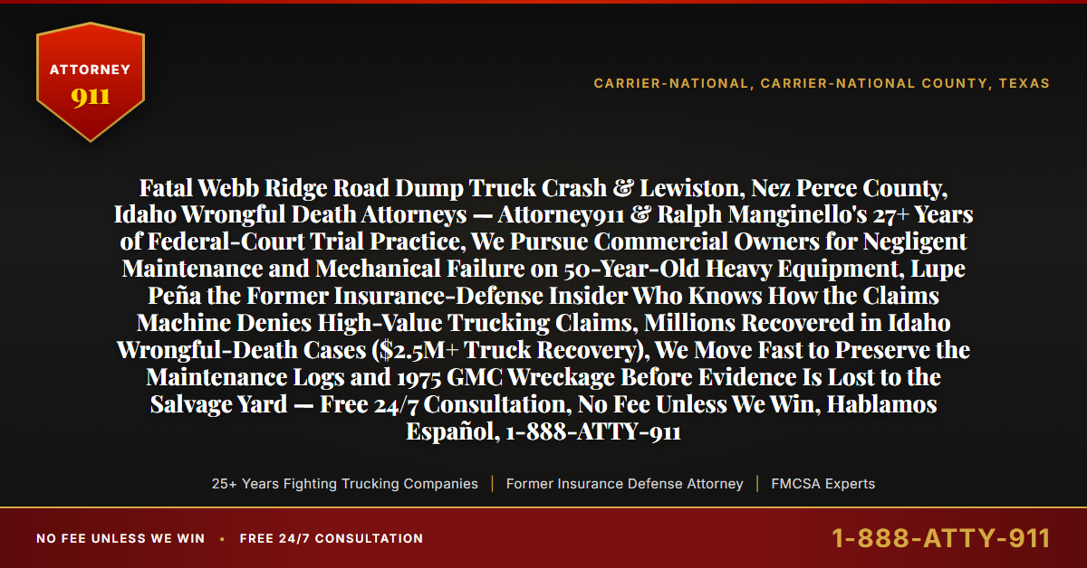 Fatal Webb Ridge Road Dump Truck Crash & Lewiston, Nez Perce County, Idaho Wrongful Death Attorneys — Attorney911 & Ralph Manginello's 27+ Years of Federal-Court Trial Practice, We Pursue Commercial Owners for Negligent Maintenance and Mechanical Failure on 50-Year-Old Heavy Equipment, Lupe Peña the Former Insurance-Defense Insider Who Knows How the Claims Machine Denies High-Value Trucking Claims, Millions Recovered in Idaho Wrongful-Death Cases ($2.5M+ Truck Recovery), We Move Fast to Preserve the Maintenance Logs and 1975 GMC Wreckage Before Evidence Is Lost to the Salvage Yard — Free 24/7 Consultation, No Fee Unless We Win, Hablamos Español, 1-888-ATTY-911 - Attorney911