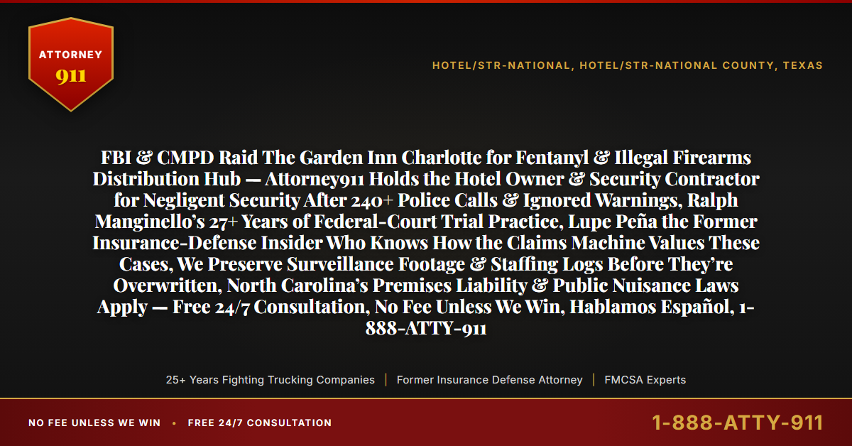 FBI & CMPD Raid The Garden Inn Charlotte for Fentanyl & Illegal Firearms Distribution Hub — Attorney911 Holds the Hotel Owner & Security Contractor for Negligent Security After 240+ Police Calls & Ignored Warnings, Ralph Manginello’s 27+ Years of Federal-Court Trial Practice, Lupe Peña the Former Insurance-Defense Insider Who Knows How the Claims Machine Values These Cases, We Preserve Surveillance Footage & Staffing Logs Before They’re Overwritten, North Carolina’s Premises Liability & Public Nuisance Laws Apply — Free 24/7 Consultation, No Fee Unless We Win, Hablamos Español, 1-888-ATTY-911 - Attorney911