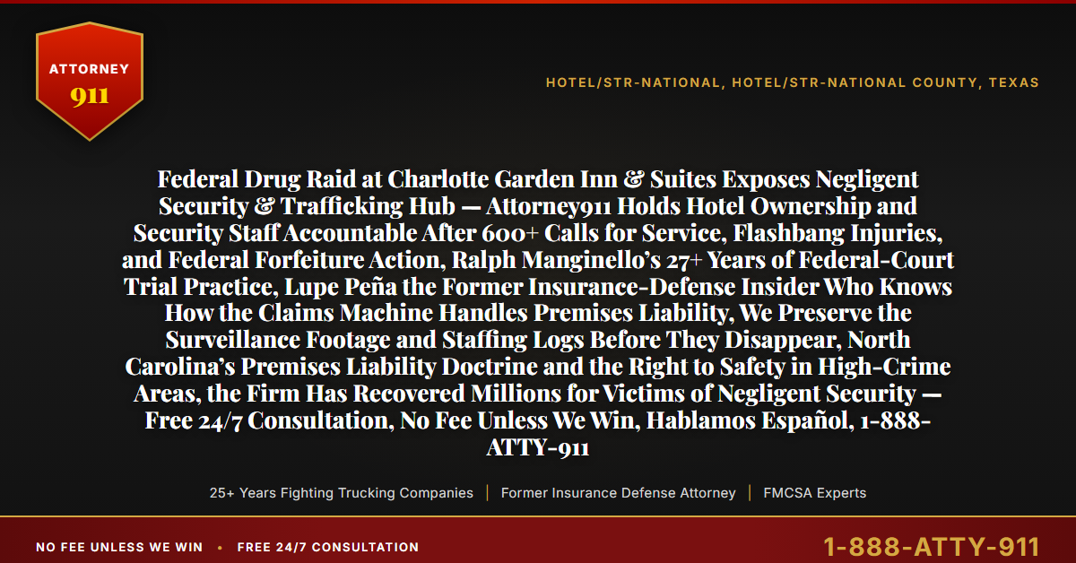 Federal Drug Raid at Charlotte Garden Inn & Suites Exposes Negligent Security & Trafficking Hub — Attorney911 Holds Hotel Ownership and Security Staff Accountable After 600+ Calls for Service, Flashbang Injuries, and Federal Forfeiture Action, Ralph Manginello’s 27+ Years of Federal-Court Trial Practice, Lupe Peña the Former Insurance-Defense Insider Who Knows How the Claims Machine Handles Premises Liability, We Preserve the Surveillance Footage and Staffing Logs Before They Disappear, North Carolina’s Premises Liability Doctrine and the Right to Safety in High-Crime Areas, the Firm Has Recovered Millions for Victims of Negligent Security — Free 24/7 Consultation, No Fee Unless We Win, Hablamos Español, 1-888-ATTY-911 - Attorney911