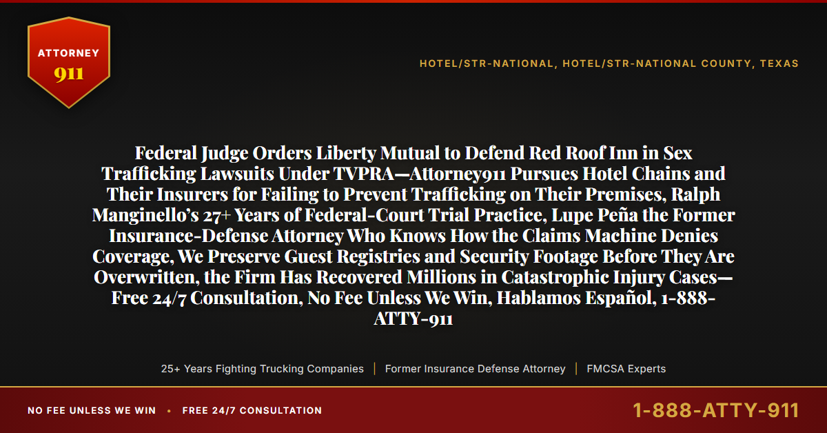 Federal Judge Orders Liberty Mutual to Defend Red Roof Inn in Sex Trafficking Lawsuits Under TVPRA—Attorney911 Pursues Hotel Chains and Their Insurers for Failing to Prevent Trafficking on Their Premises, Ralph Manginello’s 27+ Years of Federal-Court Trial Practice, Lupe Peña the Former Insurance-Defense Attorney Who Knows How the Claims Machine Denies Coverage, We Preserve Guest Registries and Security Footage Before They Are Overwritten, the Firm Has Recovered Millions in Catastrophic Injury Cases—Free 24/7 Consultation, No Fee Unless We Win, Hablamos Español, 1-888-ATTY-911 - Attorney911