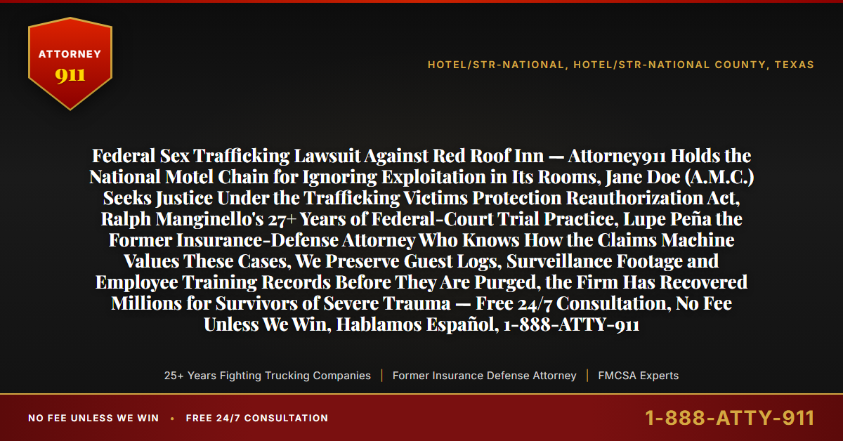 Federal Sex Trafficking Lawsuit Against Red Roof Inn — Attorney911 Holds the National Motel Chain for Ignoring Exploitation in Its Rooms, Jane Doe (A.M.C.) Seeks Justice Under the Trafficking Victims Protection Reauthorization Act, Ralph Manginello's 27+ Years of Federal-Court Trial Practice, Lupe Peña the Former Insurance-Defense Attorney Who Knows How the Claims Machine Values These Cases, We Preserve Guest Logs, Surveillance Footage and Employee Training Records Before They Are Purged, the Firm Has Recovered Millions for Survivors of Severe Trauma — Free 24/7 Consultation, No Fee Unless We Win, Hablamos Español, 1-888-ATTY-911 - Attorney911