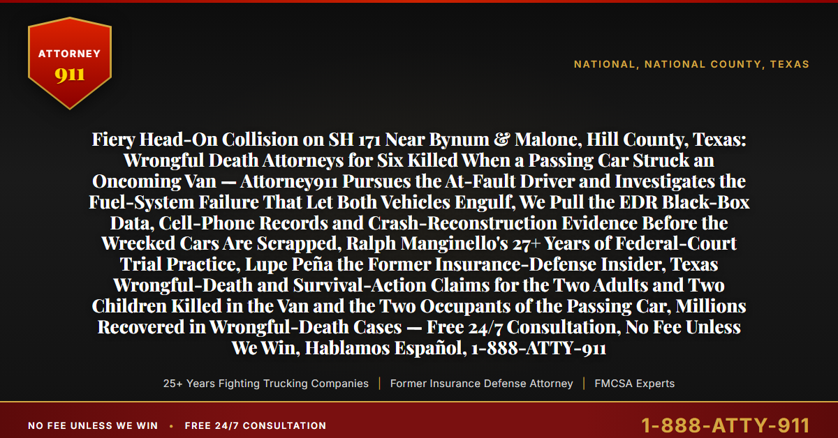 Fiery Head-On Collision on SH 171 Near Bynum & Malone, Hill County, Texas: Wrongful Death Attorneys for Six Killed When a Passing Car Struck an Oncoming Van — Attorney911 Pursues the At-Fault Driver and Investigates the Fuel-System Failure That Let Both Vehicles Engulf, We Pull the EDR Black-Box Data, Cell-Phone Records and Crash-Reconstruction Evidence Before the Wrecked Cars Are Scrapped, Ralph Manginello's 27+ Years of Federal-Court Trial Practice, Lupe Peña the Former Insurance-Defense Insider, Texas Wrongful-Death and Survival-Action Claims for the Two Adults and Two Children Killed in the Van and the Two Occupants of the Passing Car, Millions Recovered in Wrongful-Death Cases — Free 24/7 Consultation, No Fee Unless We Win, Hablamos Español, 1-888-ATTY-911 - Attorney911
