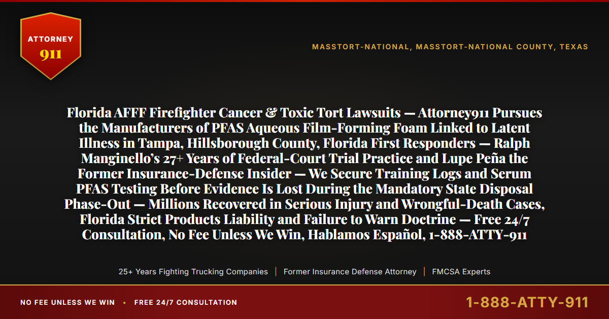 Florida AFFF Firefighter Cancer & Toxic Tort Lawsuits — Attorney911 Pursues the Manufacturers of PFAS Aqueous Film-Forming Foam Linked to Latent Illness in Tampa, Hillsborough County, Florida First Responders — Ralph Manginello’s 27+ Years of Federal-Court Trial Practice and Lupe Peña the Former Insurance-Defense Insider — We Secure Training Logs and Serum PFAS Testing Before Evidence Is Lost During the Mandatory State Disposal Phase-Out — Millions Recovered in Serious Injury and Wrongful-Death Cases, Florida Strict Products Liability and Failure to Warn Doctrine — Free 24/7 Consultation, No Fee Unless We Win, Hablamos Español, 1-888-ATTY-911 - Attorney911
