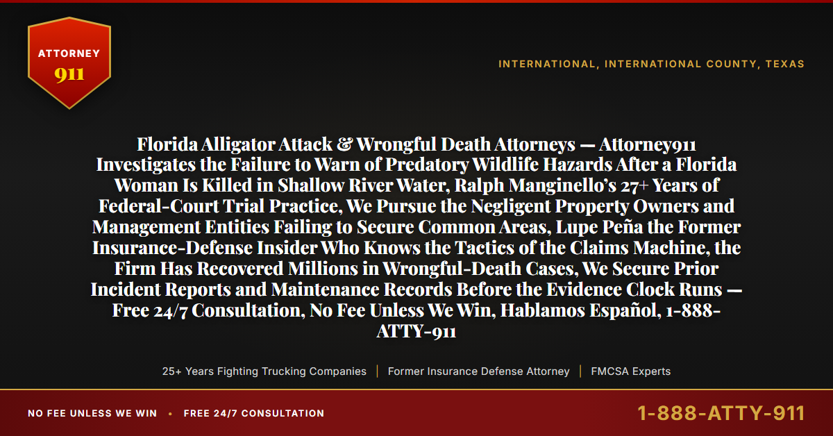 Florida Alligator Attack & Wrongful Death Attorneys — Attorney911 Investigates the Failure to Warn of Predatory Wildlife Hazards After a Florida Woman Is Killed in Shallow River Water, Ralph Manginello’s 27+ Years of Federal-Court Trial Practice, We Pursue the Negligent Property Owners and Management Entities Failing to Secure Common Areas, Lupe Peña the Former Insurance-Defense Insider Who Knows the Tactics of the Claims Machine, the Firm Has Recovered Millions in Wrongful-Death Cases, We Secure Prior Incident Reports and Maintenance Records Before the Evidence Clock Runs — Free 24/7 Consultation, No Fee Unless We Win, Hablamos Español, 1-888-ATTY-911 - Attorney911