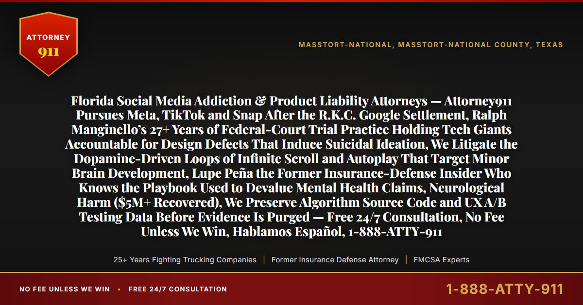 Florida Social Media Addiction & Product Liability Attorneys — Attorney911 Pursues Meta, TikTok and Snap After the R.K.C. Google Settlement, Ralph Manginello’s 27+ Years of Federal-Court Trial Practice Holding Tech Giants Accountable for Design Defects That Induce Suicidal Ideation, We Litigate the Dopamine-Driven Loops of Infinite Scroll and Autoplay That Target Minor Brain Development, Lupe Peña the Former Insurance-Defense Insider Who Knows the Playbook Used to Devalue Mental Health Claims, Neurological Harm ($5M+ Recovered), We Preserve Algorithm Source Code and UX A/B Testing Data Before Evidence Is Purged — Free 24/7 Consultation, No Fee Unless We Win, Hablamos Español, 1-888-ATTY-911 - Attorney911