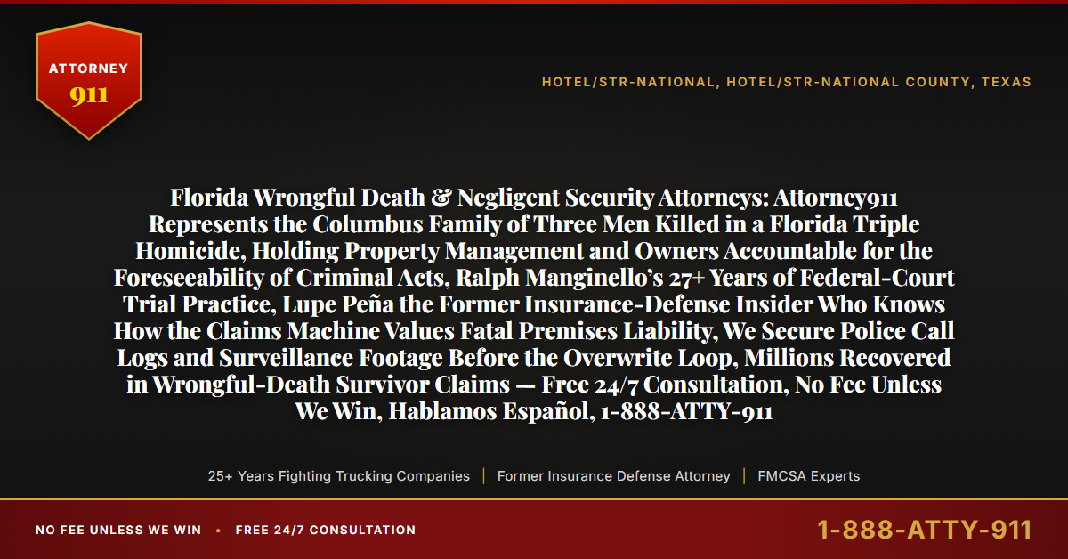 Florida Wrongful Death & Negligent Security Attorneys: Attorney911 Represents the Columbus Family of Three Men Killed in a Florida Triple Homicide, Holding Property Management and Owners Accountable for the Foreseeability of Criminal Acts, Ralph Manginello’s 27+ Years of Federal-Court Trial Practice, Lupe Peña the Former Insurance-Defense Insider Who Knows How the Claims Machine Values Fatal Premises Liability, We Secure Police Call Logs and Surveillance Footage Before the Overwrite Loop, Millions Recovered in Wrongful-Death Survivor Claims — Free 24/7 Consultation, No Fee Unless We Win, Hablamos Español, 1-888-ATTY-911 - Attorney911