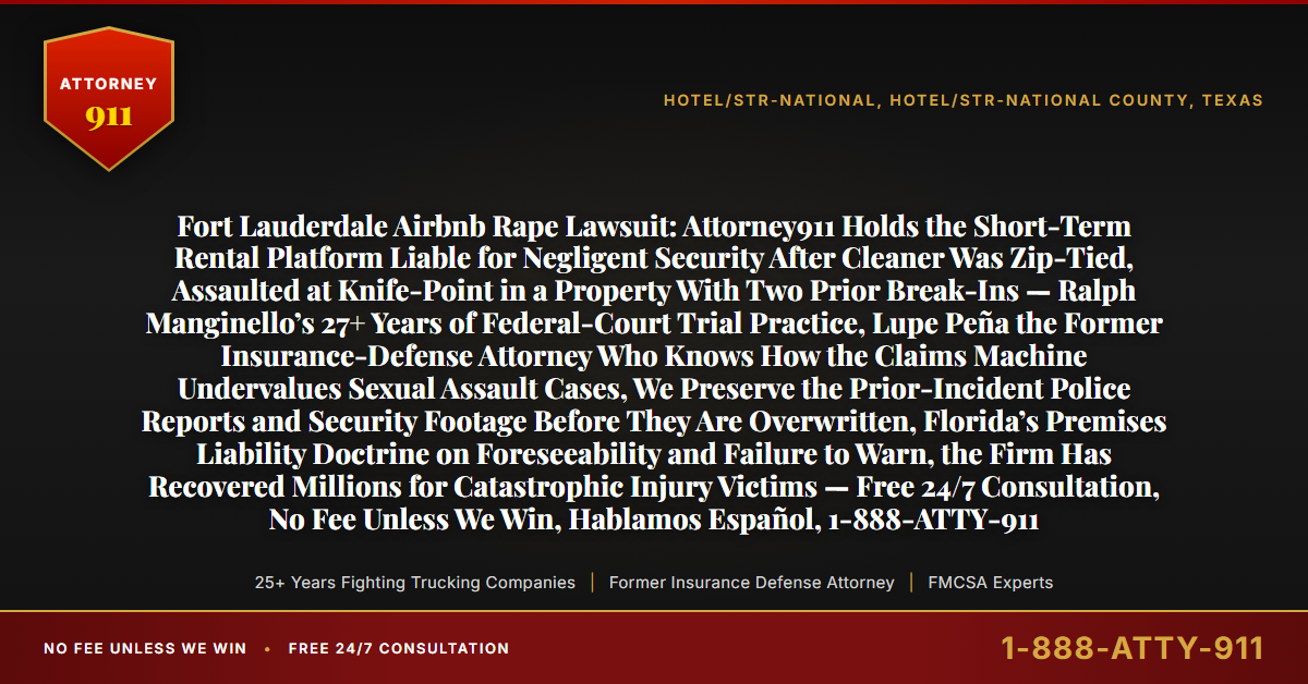 Fort Lauderdale Airbnb Rape Lawsuit: Attorney911 Holds the Short-Term Rental Platform Liable for Negligent Security After Cleaner Was Zip-Tied, Assaulted at Knife-Point in a Property With Two Prior Break-Ins — Ralph Manginello’s 27+ Years of Federal-Court Trial Practice, Lupe Peña the Former Insurance-Defense Attorney Who Knows How the Claims Machine Undervalues Sexual Assault Cases, We Preserve the Prior-Incident Police Reports and Security Footage Before They Are Overwritten, Florida’s Premises Liability Doctrine on Foreseeability and Failure to Warn, the Firm Has Recovered Millions for Catastrophic Injury Victims — Free 24/7 Consultation, No Fee Unless We Win, Hablamos Español, 1-888-ATTY-911 - Attorney911