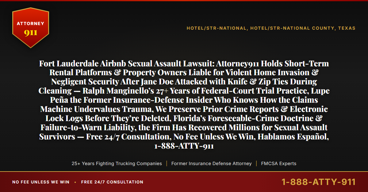 Fort Lauderdale Airbnb Sexual Assault Lawsuit: Attorney911 Holds Short-Term Rental Platforms & Property Owners Liable for Violent Home Invasion & Negligent Security After Jane Doe Attacked with Knife & Zip Ties During Cleaning — Ralph Manginello’s 27+ Years of Federal-Court Trial Practice, Lupe Peña the Former Insurance-Defense Insider Who Knows How the Claims Machine Undervalues Trauma, We Preserve Prior Crime Reports & Electronic Lock Logs Before They’re Deleted, Florida’s Foreseeable-Crime Doctrine & Failure-to-Warn Liability, the Firm Has Recovered Millions for Sexual Assault Survivors — Free 24/7 Consultation, No Fee Unless We Win, Hablamos Español, 1-888-ATTY-911 - Attorney911