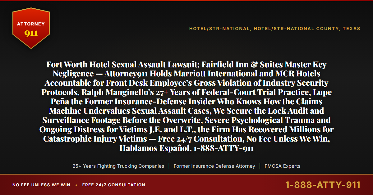 Fort Worth Hotel Sexual Assault Lawsuit: Fairfield Inn & Suites Master Key Negligence — Attorney911 Holds Marriott International and MCR Hotels Accountable for Front Desk Employee’s Gross Violation of Industry Security Protocols, Ralph Manginello’s 27+ Years of Federal-Court Trial Practice, Lupe Peña the Former Insurance-Defense Insider Who Knows How the Claims Machine Undervalues Sexual Assault Cases, We Secure the Lock Audit and Surveillance Footage Before the Overwrite, Severe Psychological Trauma and Ongoing Distress for Victims J.E. and L.T., the Firm Has Recovered Millions for Catastrophic Injury Victims — Free 24/7 Consultation, No Fee Unless We Win, Hablamos Español, 1-888-ATTY-911 - Attorney911