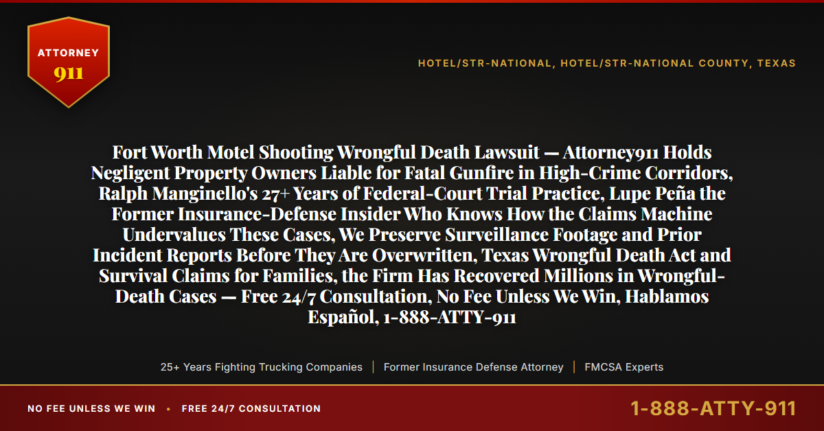 Fort Worth Motel Shooting Wrongful Death Lawsuit — Attorney911 Holds Negligent Property Owners Liable for Fatal Gunfire in High-Crime Corridors, Ralph Manginello's 27+ Years of Federal-Court Trial Practice, Lupe Peña the Former Insurance-Defense Insider Who Knows How the Claims Machine Undervalues These Cases, We Preserve Surveillance Footage and Prior Incident Reports Before They Are Overwritten, Texas Wrongful Death Act and Survival Claims for Families, the Firm Has Recovered Millions in Wrongful-Death Cases — Free 24/7 Consultation, No Fee Unless We Win, Hablamos Español, 1-888-ATTY-911 - Attorney911