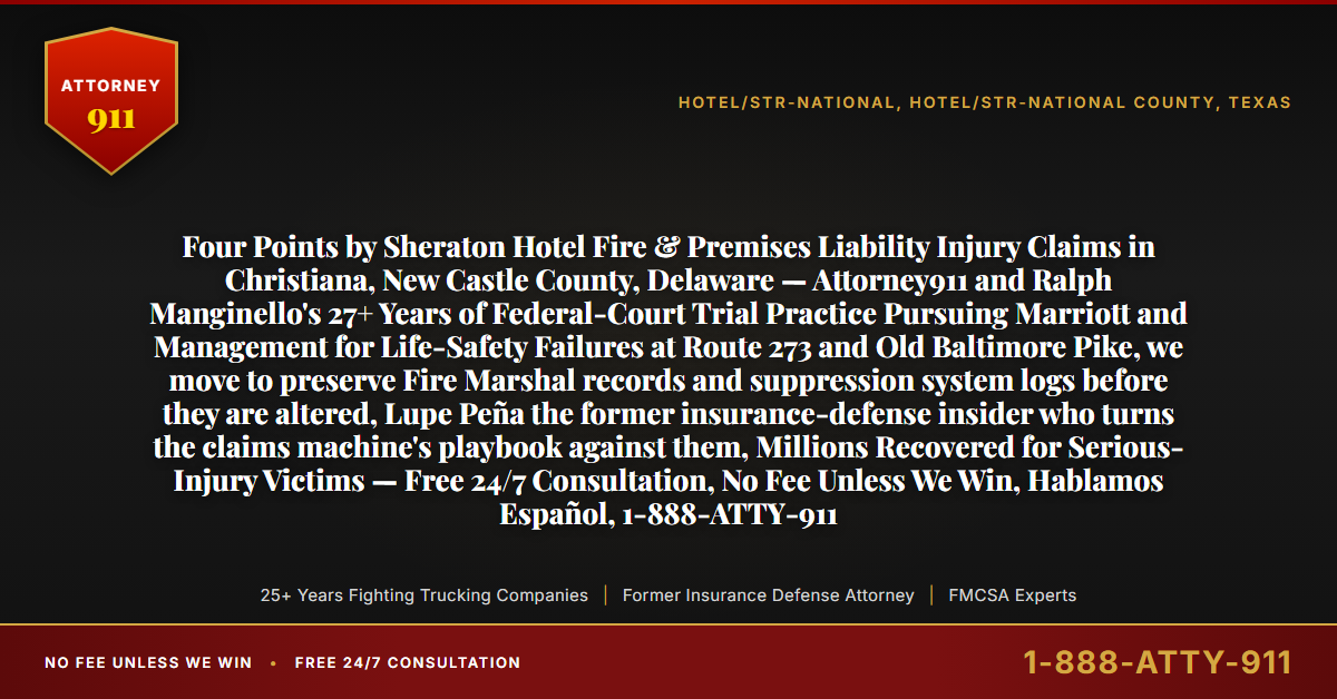 Four Points by Sheraton Hotel Fire & Premises Liability Injury Claims in Christiana, New Castle County, Delaware — Attorney911 and Ralph Manginello's 27+ Years of Federal-Court Trial Practice Pursuing Marriott and Management for Life-Safety Failures at Route 273 and Old Baltimore Pike, we move to preserve Fire Marshal records and suppression system logs before they are altered, Lupe Peña the former insurance-defense insider who turns the claims machine's playbook against them, Millions Recovered for Serious-Injury Victims — Free 24/7 Consultation, No Fee Unless We Win, Hablamos Español, 1-888-ATTY-911 - Attorney911