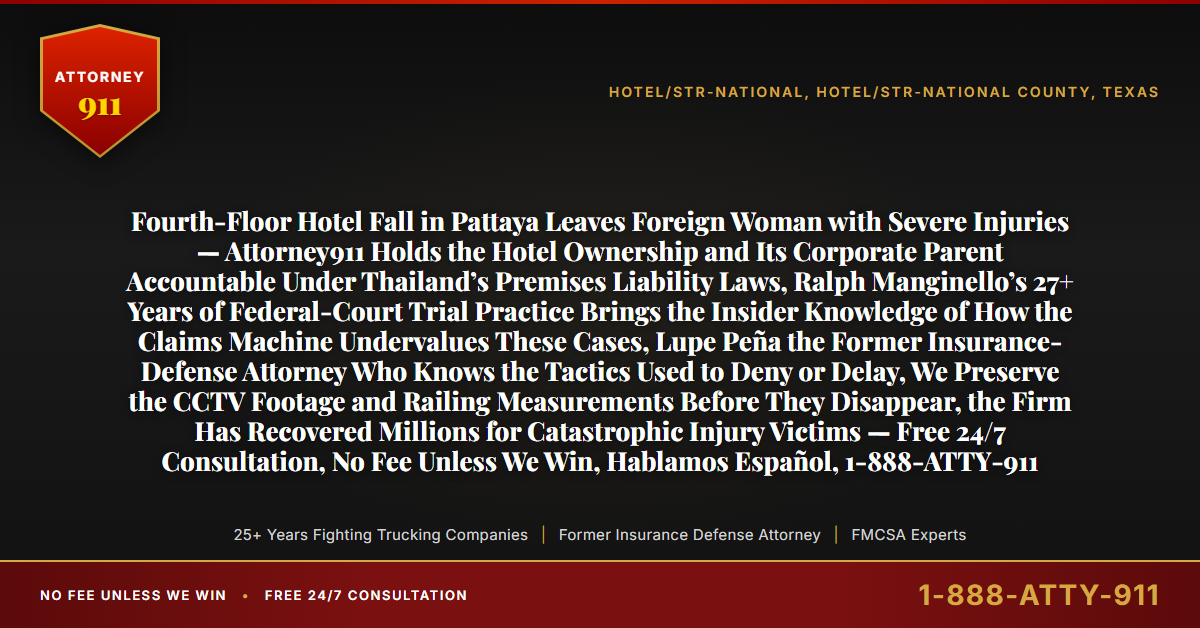 Fourth-Floor Hotel Fall in Pattaya Leaves Foreign Woman with Severe Injuries — Attorney911 Holds the Hotel Ownership and Its Corporate Parent Accountable Under Thailand’s Premises Liability Laws, Ralph Manginello’s 27+ Years of Federal-Court Trial Practice Brings the Insider Knowledge of How the Claims Machine Undervalues These Cases, Lupe Peña the Former Insurance-Defense Attorney Who Knows the Tactics Used to Deny or Delay, We Preserve the CCTV Footage and Railing Measurements Before They Disappear, the Firm Has Recovered Millions for Catastrophic Injury Victims — Free 24/7 Consultation, No Fee Unless We Win, Hablamos Español, 1-888-ATTY-911 - Attorney911