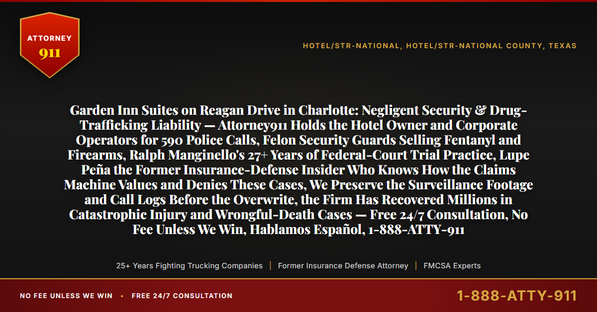 Garden Inn Suites on Reagan Drive in Charlotte: Negligent Security & Drug-Trafficking Liability — Attorney911 Holds the Hotel Owner and Corporate Operators for 590 Police Calls, Felon Security Guards Selling Fentanyl and Firearms, Ralph Manginello's 27+ Years of Federal-Court Trial Practice, Lupe Peña the Former Insurance-Defense Insider Who Knows How the Claims Machine Values and Denies These Cases, We Preserve the Surveillance Footage and Call Logs Before the Overwrite, the Firm Has Recovered Millions in Catastrophic Injury and Wrongful-Death Cases — Free 24/7 Consultation, No Fee Unless We Win, Hablamos Español, 1-888-ATTY-911 - Attorney911