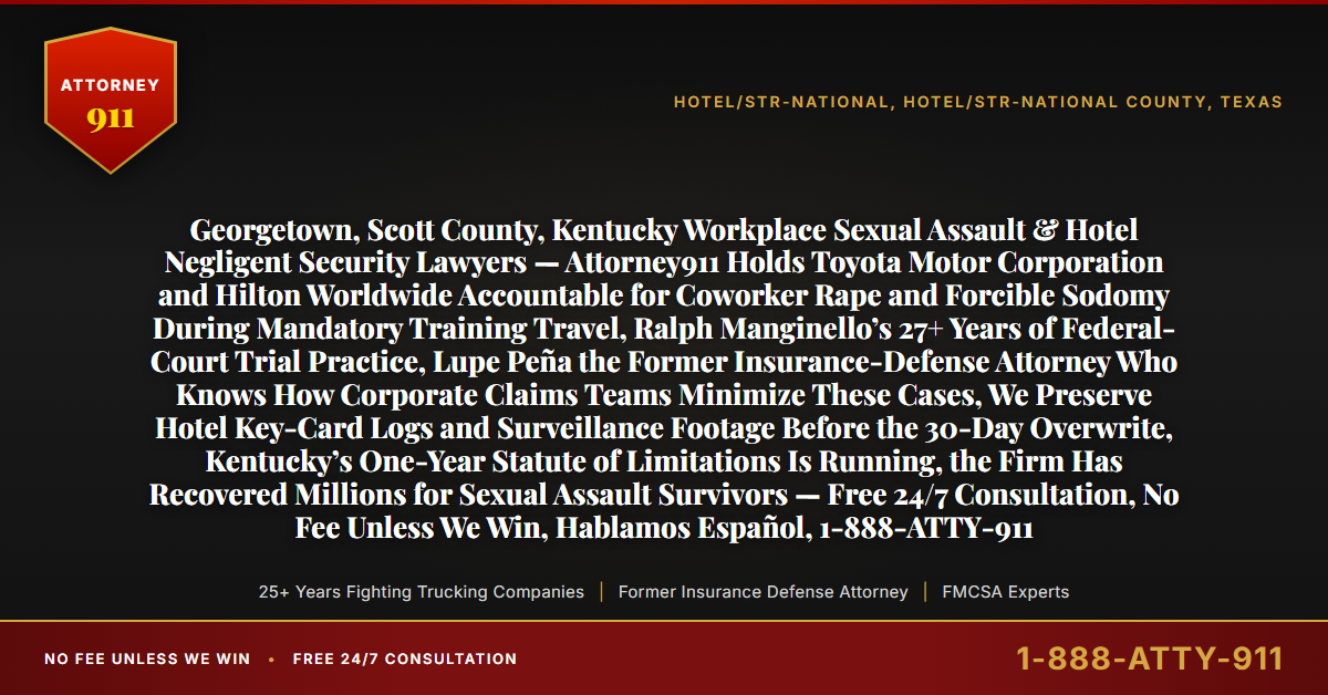Georgetown, Scott County, Kentucky Workplace Sexual Assault & Hotel Negligent Security Lawyers — Attorney911 Holds Toyota Motor Corporation and Hilton Worldwide Accountable for Coworker Rape and Forcible Sodomy During Mandatory Training Travel, Ralph Manginello’s 27+ Years of Federal-Court Trial Practice, Lupe Peña the Former Insurance-Defense Attorney Who Knows How Corporate Claims Teams Minimize These Cases, We Preserve Hotel Key-Card Logs and Surveillance Footage Before the 30-Day Overwrite, Kentucky’s One-Year Statute of Limitations Is Running, the Firm Has Recovered Millions for Sexual Assault Survivors — Free 24/7 Consultation, No Fee Unless We Win, Hablamos Español, 1-888-ATTY-911 - Attorney911