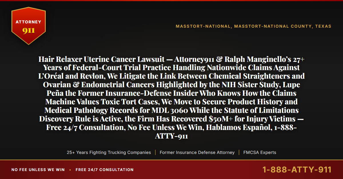 Hair Relaxer Uterine Cancer Lawsuit — Attorney911 & Ralph Manginello’s 27+ Years of Federal-Court Trial Practice Handling Nationwide Claims Against L’Oréal and Revlon, We Litigate the Link Between Chemical Straighteners and Ovarian & Endometrial Cancers Highlighted by the NIH Sister Study, Lupe Peña the Former Insurance-Defense Insider Who Knows How the Claims Machine Values Toxic Tort Cases, We Move to Secure Product History and Medical Pathology Records for MDL 3060 While the Statute of Limitations Discovery Rule is Active, the Firm Has Recovered $50M+ for Injury Victims — Free 24/7 Consultation, No Fee Unless We Win, Hablamos Español, 1-888-ATTY-911 - Attorney911