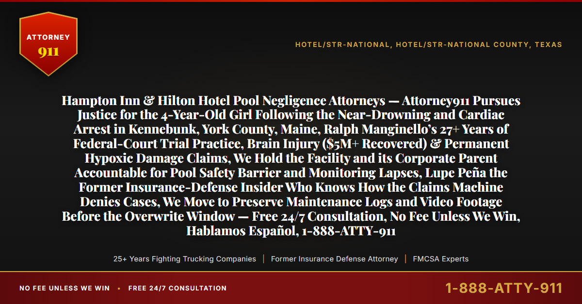 Hampton Inn & Hilton Hotel Pool Negligence Attorneys — Attorney911 Pursues Justice for the 4-Year-Old Girl Following the Near-Drowning and Cardiac Arrest in Kennebunk, York County, Maine, Ralph Manginello’s 27+ Years of Federal-Court Trial Practice, Brain Injury ($5M+ Recovered) & Permanent Hypoxic Damage Claims, We Hold the Facility and its Corporate Parent Accountable for Pool Safety Barrier and Monitoring Lapses, Lupe Peña the Former Insurance-Defense Insider Who Knows How the Claims Machine Denies Cases, We Move to Preserve Maintenance Logs and Video Footage Before the Overwrite Window — Free 24/7 Consultation, No Fee Unless We Win, Hablamos Español, 1-888-ATTY-911 - Attorney911