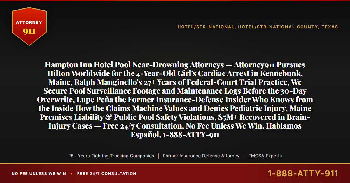 Hampton Inn Hotel Pool Near-Drowning Attorneys — Attorney911 Pursues Hilton Worldwide for the 4-Year-Old Girl's Cardiac Arrest in Kennebunk, Maine, Ralph Manginello's 27+ Years of Federal-Court Trial Practice, We Secure Pool Surveillance Footage and Maintenance Logs Before the 30-Day Overwrite, Lupe Peña the Former Insurance-Defense Insider Who Knows from the Inside How the Claims Machine Values and Denies Pediatric Injury, Maine Premises Liability & Public Pool Safety Violations, $5M+ Recovered in Brain-Injury Cases — Free 24/7 Consultation, No Fee Unless We Win, Hablamos Español, 1-888-ATTY-911 - Attorney911