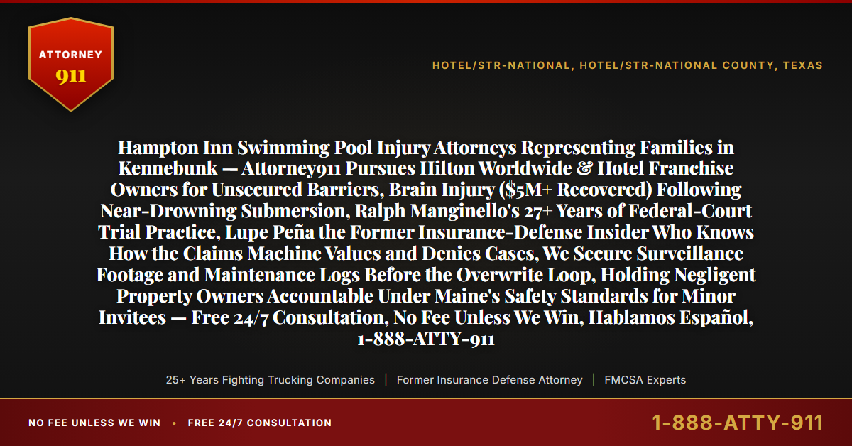 Hampton Inn Swimming Pool Injury Attorneys Representing Families in Kennebunk — Attorney911 Pursues Hilton Worldwide & Hotel Franchise Owners for Unsecured Barriers, Brain Injury ($5M+ Recovered) Following Near-Drowning Submersion, Ralph Manginello's 27+ Years of Federal-Court Trial Practice, Lupe Peña the Former Insurance-Defense Insider Who Knows How the Claims Machine Values and Denies Cases, We Secure Surveillance Footage and Maintenance Logs Before the Overwrite Loop, Holding Negligent Property Owners Accountable Under Maine's Safety Standards for Minor Invitees — Free 24/7 Consultation, No Fee Unless We Win, Hablamos Español, 1-888-ATTY-911 - Attorney911