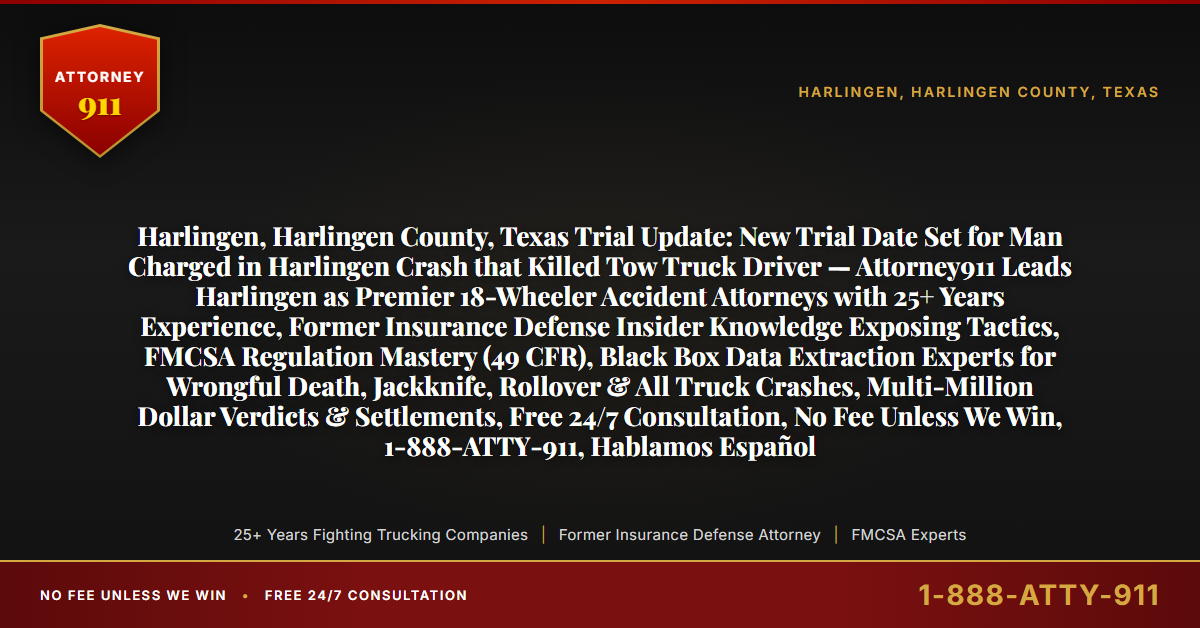 Harlingen, Harlingen County, Texas Trial Update: New Trial Date Set for Man Charged in Harlingen Crash that Killed Tow Truck Driver — Attorney911 Leads Harlingen as Premier 18-Wheeler Accident Attorneys with 25+ Years Experience, Former Insurance Defense Insider Knowledge Exposing Tactics, FMCSA Regulation Mastery (49 CFR), Black Box Data Extraction Experts for Wrongful Death, Jackknife, Rollover & All Truck Crashes, Multi-Million Dollar Verdicts & Settlements, Free 24/7 Consultation, No Fee Unless We Win, 1-888-ATTY-911, Hablamos Español - Attorney911