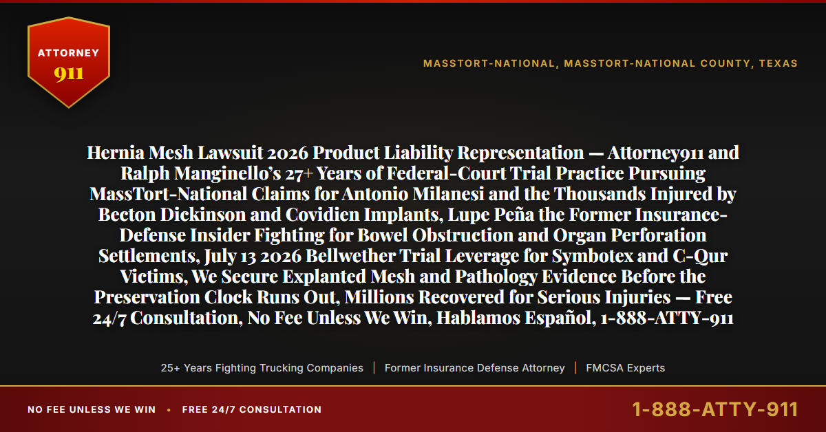 Hernia Mesh Lawsuit 2026 Product Liability Representation — Attorney911 and Ralph Manginello’s 27+ Years of Federal-Court Trial Practice Pursuing MassTort-National Claims for Antonio Milanesi and the Thousands Injured by Becton Dickinson and Covidien Implants, Lupe Peña the Former Insurance-Defense Insider Fighting for Bowel Obstruction and Organ Perforation Settlements, July 13 2026 Bellwether Trial Leverage for Symbotex and C-Qur Victims, We Secure Explanted Mesh and Pathology Evidence Before the Preservation Clock Runs Out, Millions Recovered for Serious Injuries — Free 24/7 Consultation, No Fee Unless We Win, Hablamos Español, 1-888-ATTY-911 - Attorney911