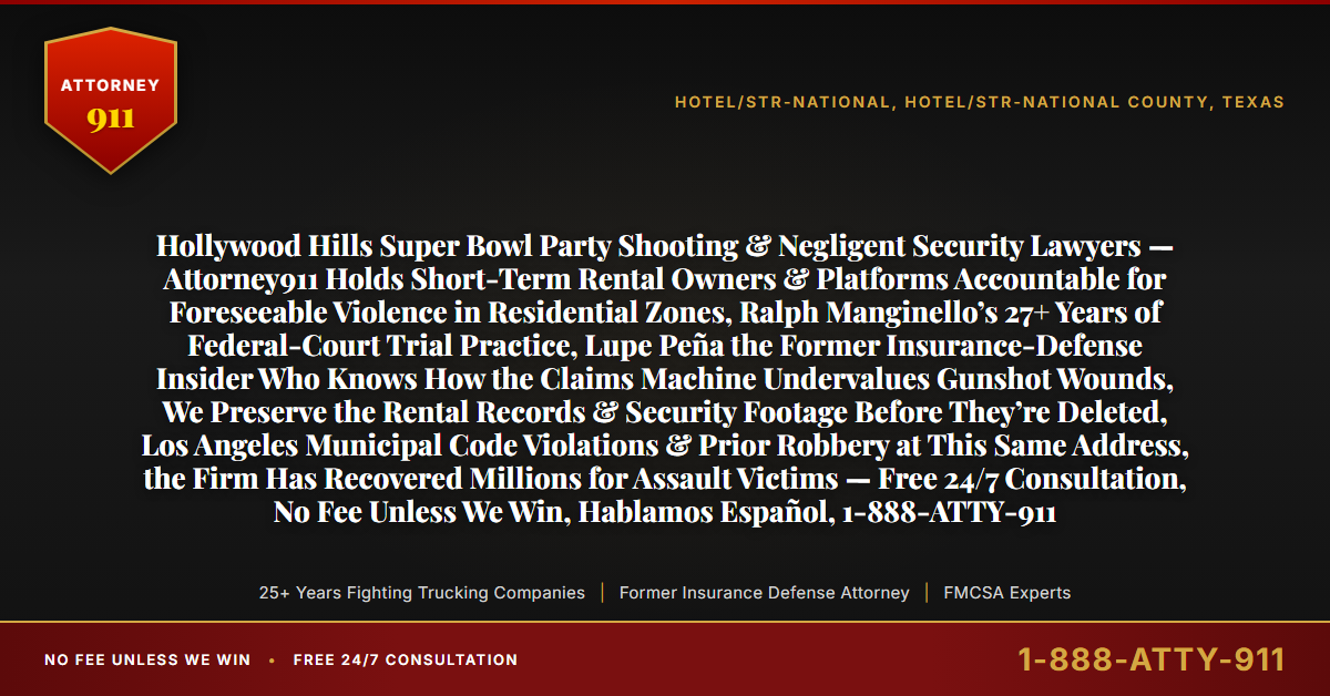 Hollywood Hills Super Bowl Party Shooting & Negligent Security Lawyers — Attorney911 Holds Short-Term Rental Owners & Platforms Accountable for Foreseeable Violence in Residential Zones, Ralph Manginello’s 27+ Years of Federal-Court Trial Practice, Lupe Peña the Former Insurance-Defense Insider Who Knows How the Claims Machine Undervalues Gunshot Wounds, We Preserve the Rental Records & Security Footage Before They’re Deleted, Los Angeles Municipal Code Violations & Prior Robbery at This Same Address, the Firm Has Recovered Millions for Assault Victims — Free 24/7 Consultation, No Fee Unless We Win, Hablamos Español, 1-888-ATTY-911 - Attorney911