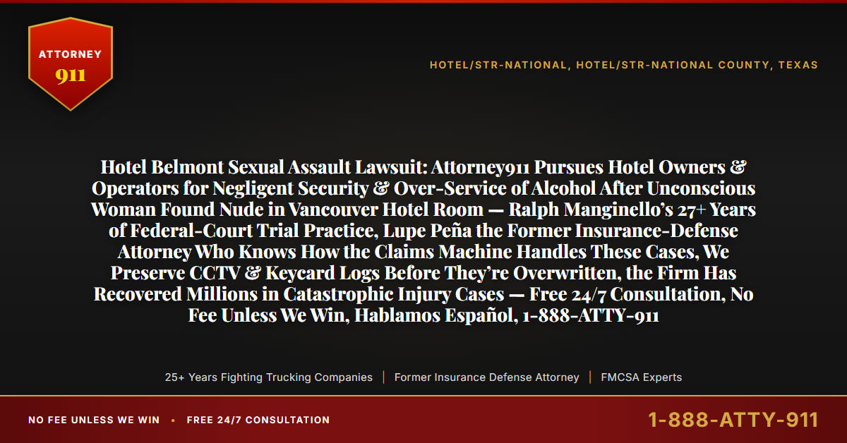 Hotel Belmont Sexual Assault Lawsuit: Attorney911 Pursues Hotel Owners & Operators for Negligent Security & Over-Service of Alcohol After Unconscious Woman Found Nude in Vancouver Hotel Room — Ralph Manginello’s 27+ Years of Federal-Court Trial Practice, Lupe Peña the Former Insurance-Defense Attorney Who Knows How the Claims Machine Handles These Cases, We Preserve CCTV & Keycard Logs Before They’re Overwritten, the Firm Has Recovered Millions in Catastrophic Injury Cases — Free 24/7 Consultation, No Fee Unless We Win, Hablamos Español, 1-888-ATTY-911 - Attorney911