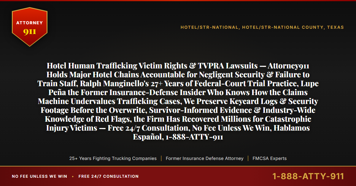 Hotel Human Trafficking Victim Rights & TVPRA Lawsuits — Attorney911 Holds Major Hotel Chains Accountable for Negligent Security & Failure to Train Staff, Ralph Manginello's 27+ Years of Federal-Court Trial Practice, Lupe Peña the Former Insurance-Defense Insider Who Knows How the Claims Machine Undervalues Trafficking Cases, We Preserve Keycard Logs & Security Footage Before the Overwrite, Survivor-Informed Evidence & Industry-Wide Knowledge of Red Flags, the Firm Has Recovered Millions for Catastrophic Injury Victims — Free 24/7 Consultation, No Fee Unless We Win, Hablamos Español, 1-888-ATTY-911 - Attorney911
