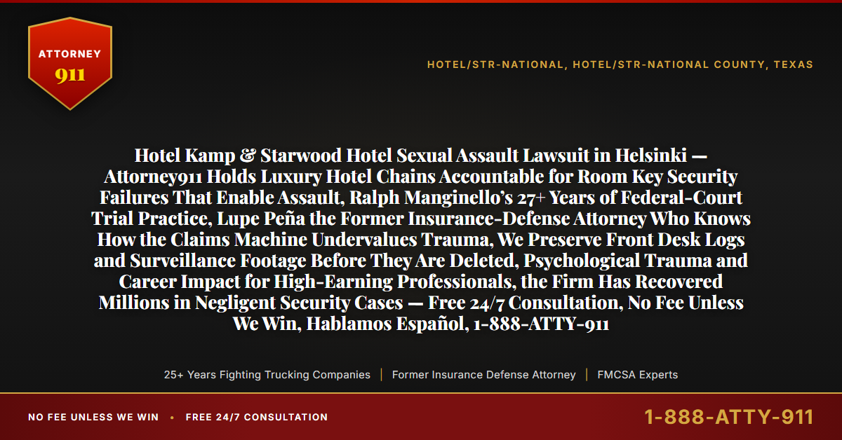 Hotel Kamp & Starwood Hotel Sexual Assault Lawsuit in Helsinki — Attorney911 Holds Luxury Hotel Chains Accountable for Room Key Security Failures That Enable Assault, Ralph Manginello’s 27+ Years of Federal-Court Trial Practice, Lupe Peña the Former Insurance-Defense Attorney Who Knows How the Claims Machine Undervalues Trauma, We Preserve Front Desk Logs and Surveillance Footage Before They Are Deleted, Psychological Trauma and Career Impact for High-Earning Professionals, the Firm Has Recovered Millions in Negligent Security Cases — Free 24/7 Consultation, No Fee Unless We Win, Hablamos Español, 1-888-ATTY-911 - Attorney911