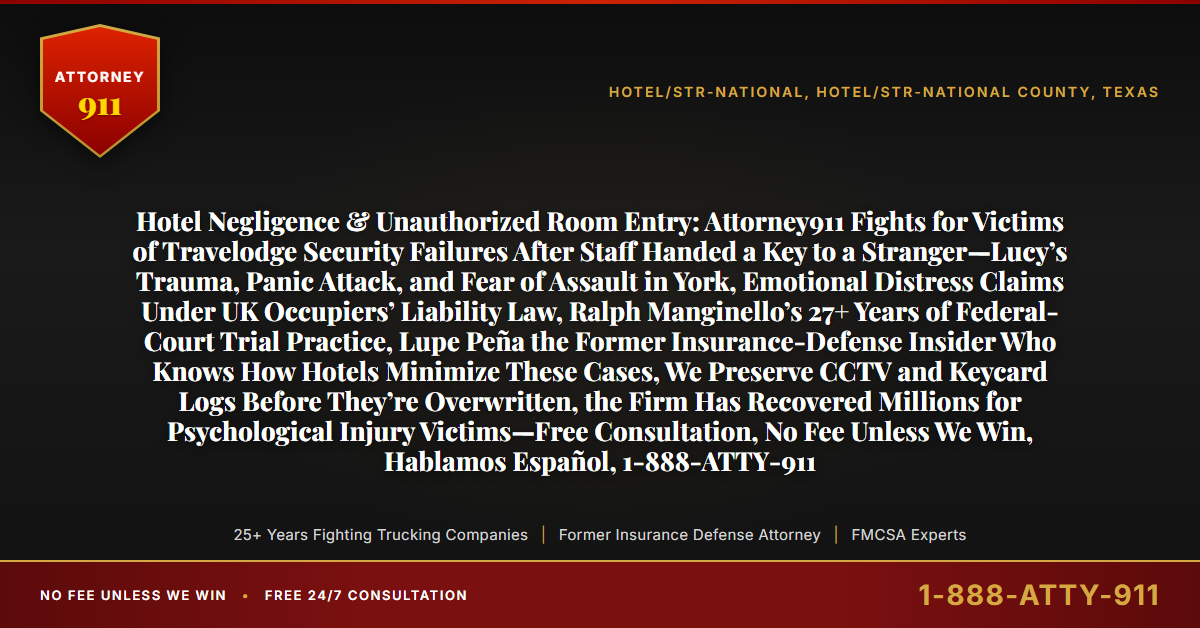 Hotel Negligence & Unauthorized Room Entry: Attorney911 Fights for Victims of Travelodge Security Failures After Staff Handed a Key to a Stranger—Lucy’s Trauma, Panic Attack, and Fear of Assault in York, Emotional Distress Claims Under UK Occupiers’ Liability Law, Ralph Manginello’s 27+ Years of Federal-Court Trial Practice, Lupe Peña the Former Insurance-Defense Insider Who Knows How Hotels Minimize These Cases, We Preserve CCTV and Keycard Logs Before They’re Overwritten, the Firm Has Recovered Millions for Psychological Injury Victims—Free Consultation, No Fee Unless We Win, Hablamos Español, 1-888-ATTY-911 - Attorney911