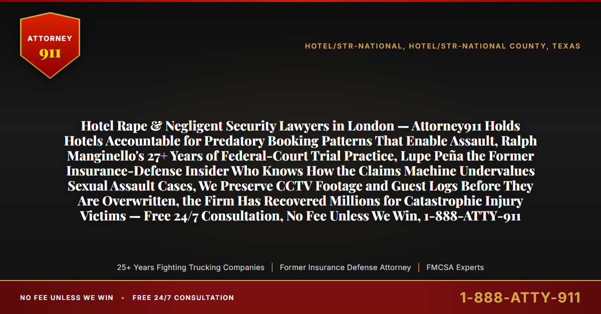 Hotel Rape & Negligent Security Lawyers in London — Attorney911 Holds Hotels Accountable for Predatory Booking Patterns That Enable Assault, Ralph Manginello's 27+ Years of Federal-Court Trial Practice, Lupe Peña the Former Insurance-Defense Insider Who Knows How the Claims Machine Undervalues Sexual Assault Cases, We Preserve CCTV Footage and Guest Logs Before They Are Overwritten, the Firm Has Recovered Millions for Catastrophic Injury Victims — Free 24/7 Consultation, No Fee Unless We Win, 1-888-ATTY-911 - Attorney911