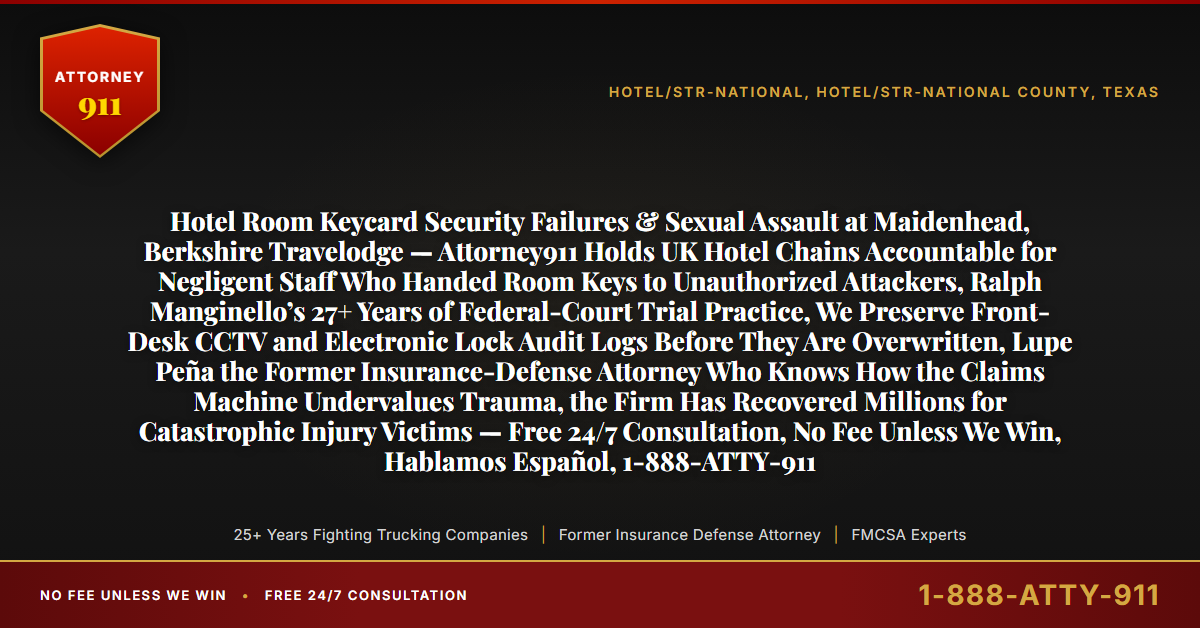 Hotel Room Keycard Security Failures & Sexual Assault at Maidenhead, Berkshire Travelodge — Attorney911 Holds UK Hotel Chains Accountable for Negligent Staff Who Handed Room Keys to Unauthorized Attackers, Ralph Manginello’s 27+ Years of Federal-Court Trial Practice, We Preserve Front-Desk CCTV and Electronic Lock Audit Logs Before They Are Overwritten, Lupe Peña the Former Insurance-Defense Attorney Who Knows How the Claims Machine Undervalues Trauma, the Firm Has Recovered Millions for Catastrophic Injury Victims — Free 24/7 Consultation, No Fee Unless We Win, Hablamos Español, 1-888-ATTY-911 - Attorney911