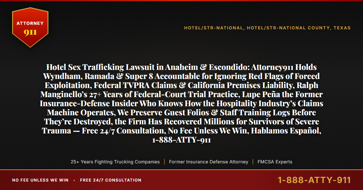 Hotel Sex Trafficking Lawsuit in Anaheim & Escondido: Attorney911 Holds Wyndham, Ramada & Super 8 Accountable for Ignoring Red Flags of Forced Exploitation, Federal TVPRA Claims & California Premises Liability, Ralph Manginello’s 27+ Years of Federal-Court Trial Practice, Lupe Peña the Former Insurance-Defense Insider Who Knows How the Hospitality Industry’s Claims Machine Operates, We Preserve Guest Folios & Staff Training Logs Before They’re Destroyed, the Firm Has Recovered Millions for Survivors of Severe Trauma — Free 24/7 Consultation, No Fee Unless We Win, Hablamos Español, 1-888-ATTY-911 - Attorney911