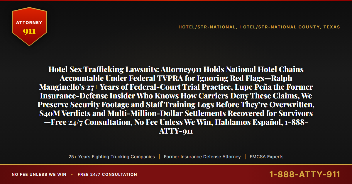 Hotel Sex Trafficking Lawsuits: Attorney911 Holds National Hotel Chains Accountable Under Federal TVPRA for Ignoring Red Flags—Ralph Manginello’s 27+ Years of Federal-Court Trial Practice, Lupe Peña the Former Insurance-Defense Insider Who Knows How Carriers Deny These Claims, We Preserve Security Footage and Staff Training Logs Before They’re Overwritten, $40M Verdicts and Multi-Million-Dollar Settlements Recovered for Survivors—Free 24/7 Consultation, No Fee Unless We Win, Hablamos Español, 1-888-ATTY-911 - Attorney911