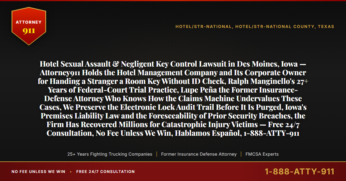 Hotel Sexual Assault & Negligent Key Control Lawsuit in Des Moines, Iowa — Attorney911 Holds the Hotel Management Company and Its Corporate Owner for Handing a Stranger a Room Key Without ID Check, Ralph Manginello's 27+ Years of Federal-Court Trial Practice, Lupe Peña the Former Insurance-Defense Attorney Who Knows How the Claims Machine Undervalues These Cases, We Preserve the Electronic Lock Audit Trail Before It Is Purged, Iowa's Premises Liability Law and the Foreseeability of Prior Security Breaches, the Firm Has Recovered Millions for Catastrophic Injury Victims — Free 24/7 Consultation, No Fee Unless We Win, Hablamos Español, 1-888-ATTY-911 - Attorney911