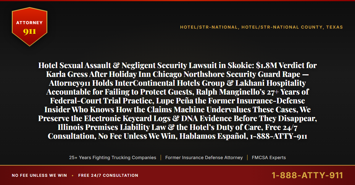 Hotel Sexual Assault & Negligent Security Lawsuit in Skokie: $1.8M Verdict for Karla Gress After Holiday Inn Chicago Northshore Security Guard Rape — Attorney911 Holds InterContinental Hotels Group & Lakhani Hospitality Accountable for Failing to Protect Guests, Ralph Manginello’s 27+ Years of Federal-Court Trial Practice, Lupe Peña the Former Insurance-Defense Insider Who Knows How the Claims Machine Undervalues These Cases, We Preserve the Electronic Keycard Logs & DNA Evidence Before They Disappear, Illinois Premises Liability Law & the Hotel’s Duty of Care, Free 24/7 Consultation, No Fee Unless We Win, Hablamos Español, 1-888-ATTY-911 - Attorney911