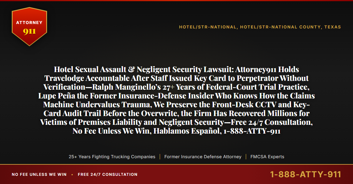 Hotel Sexual Assault & Negligent Security Lawsuit: Attorney911 Holds Travelodge Accountable After Staff Issued Key Card to Perpetrator Without Verification—Ralph Manginello’s 27+ Years of Federal-Court Trial Practice, Lupe Peña the Former Insurance-Defense Insider Who Knows How the Claims Machine Undervalues Trauma, We Preserve the Front-Desk CCTV and Key-Card Audit Trail Before the Overwrite, the Firm Has Recovered Millions for Victims of Premises Liability and Negligent Security—Free 24/7 Consultation, No Fee Unless We Win, Hablamos Español, 1-888-ATTY-911 - Attorney911