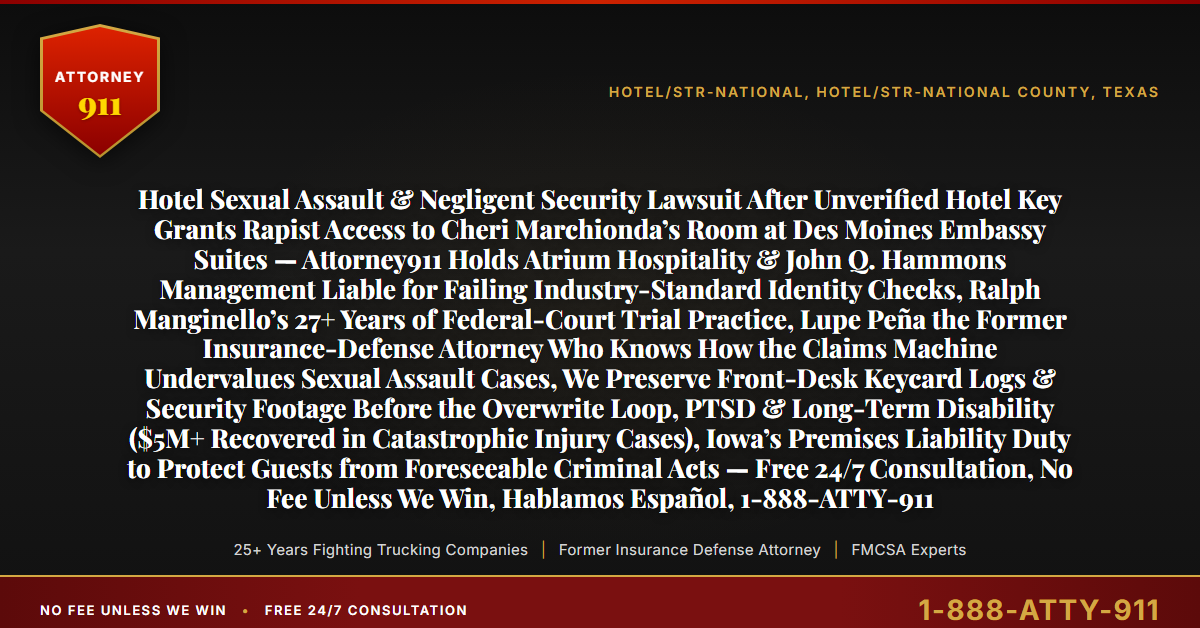 Hotel Sexual Assault & Negligent Security Lawsuit After Unverified Hotel Key Grants Rapist Access to Cheri Marchionda’s Room at Des Moines Embassy Suites — Attorney911 Holds Atrium Hospitality & John Q. Hammons Management Liable for Failing Industry-Standard Identity Checks, Ralph Manginello’s 27+ Years of Federal-Court Trial Practice, Lupe Peña the Former Insurance-Defense Attorney Who Knows How the Claims Machine Undervalues Sexual Assault Cases, We Preserve Front-Desk Keycard Logs & Security Footage Before the Overwrite Loop, PTSD & Long-Term Disability ($5M+ Recovered in Catastrophic Injury Cases), Iowa’s Premises Liability Duty to Protect Guests from Foreseeable Criminal Acts — Free 24/7 Consultation, No Fee Unless We Win, Hablamos Español, 1-888-ATTY-911 - Attorney911