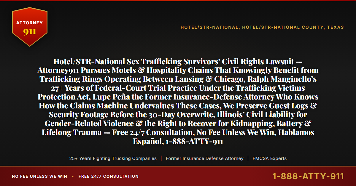 Hotel/STR-National Sex Trafficking Survivors’ Civil Rights Lawsuit — Attorney911 Pursues Motels & Hospitality Chains That Knowingly Benefit from Trafficking Rings Operating Between Lansing & Chicago, Ralph Manginello’s 27+ Years of Federal-Court Trial Practice Under the Trafficking Victims Protection Act, Lupe Peña the Former Insurance-Defense Attorney Who Knows How the Claims Machine Undervalues These Cases, We Preserve Guest Logs & Security Footage Before the 30-Day Overwrite, Illinois’ Civil Liability for Gender-Related Violence & the Right to Recover for Kidnapping, Battery & Lifelong Trauma — Free 24/7 Consultation, No Fee Unless We Win, Hablamos Español, 1-888-ATTY-911 - Attorney911