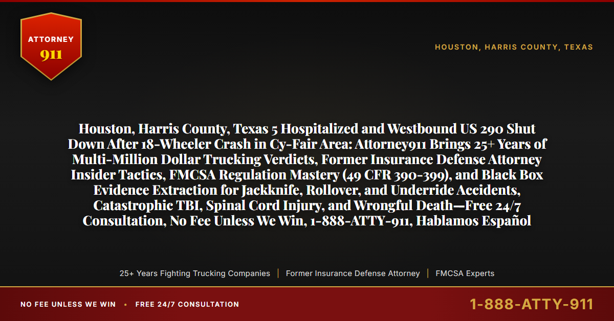 Houston, Harris County, Texas 5 Hospitalized and Westbound US 290 Shut Down After 18-Wheeler Crash in Cy-Fair Area: Attorney911 Brings 25+ Years of Multi-Million Dollar Trucking Verdicts, Former Insurance Defense Attorney Insider Tactics, FMCSA Regulation Mastery (49 CFR 390-399), and Black Box Evidence Extraction for Jackknife, Rollover, and Underride Accidents, Catastrophic TBI, Spinal Cord Injury, and Wrongful Death—Free 24/7 Consultation, No Fee Unless We Win, 1-888-ATTY-911, Hablamos Español - Attorney911