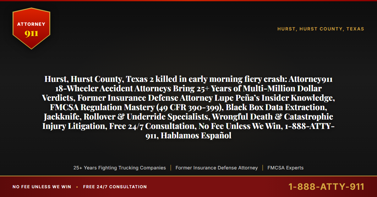 Hurst, Hurst County, Texas 2 killed in early morning fiery crash: Attorney911 18-Wheeler Accident Attorneys Bring 25+ Years of Multi-Million Dollar Verdicts, Former Insurance Defense Attorney Lupe Peña’s Insider Knowledge, FMCSA Regulation Mastery (49 CFR 390-399), Black Box Data Extraction, Jackknife, Rollover & Underride Specialists, Wrongful Death & Catastrophic Injury Litigation, Free 24/7 Consultation, No Fee Unless We Win, 1-888-ATTY-911, Hablamos Español - Attorney911