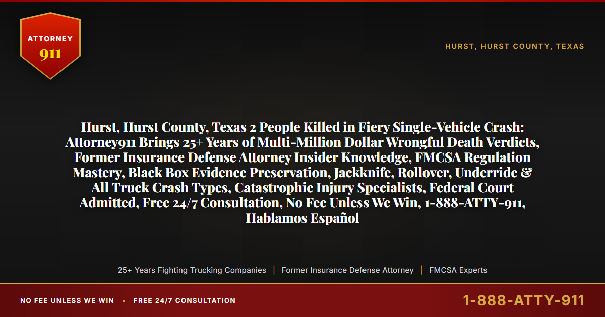 Hurst, Hurst County, Texas 2 People Killed in Fiery Single-Vehicle Crash: Attorney911 Brings 25+ Years of Multi-Million Dollar Wrongful Death Verdicts, Former Insurance Defense Attorney Insider Knowledge, FMCSA Regulation Mastery, Black Box Evidence Preservation, Jackknife, Rollover, Underride & All Truck Crash Types, Catastrophic Injury Specialists, Federal Court Admitted, Free 24/7 Consultation, No Fee Unless We Win, 1-888-ATTY-911, Hablamos Español - Attorney911