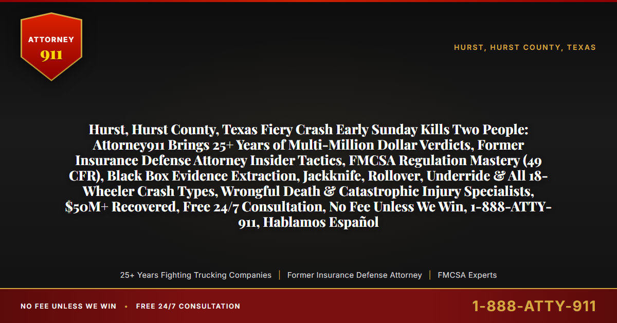 Hurst, Hurst County, Texas Fiery Crash Early Sunday Kills Two People: Attorney911 Brings 25+ Years of Multi-Million Dollar Verdicts, Former Insurance Defense Attorney Insider Tactics, FMCSA Regulation Mastery (49 CFR), Black Box Evidence Extraction, Jackknife, Rollover, Underride & All 18-Wheeler Crash Types, Wrongful Death & Catastrophic Injury Specialists, $50M+ Recovered, Free 24/7 Consultation, No Fee Unless We Win, 1-888-ATTY-911, Hablamos Español - Attorney911