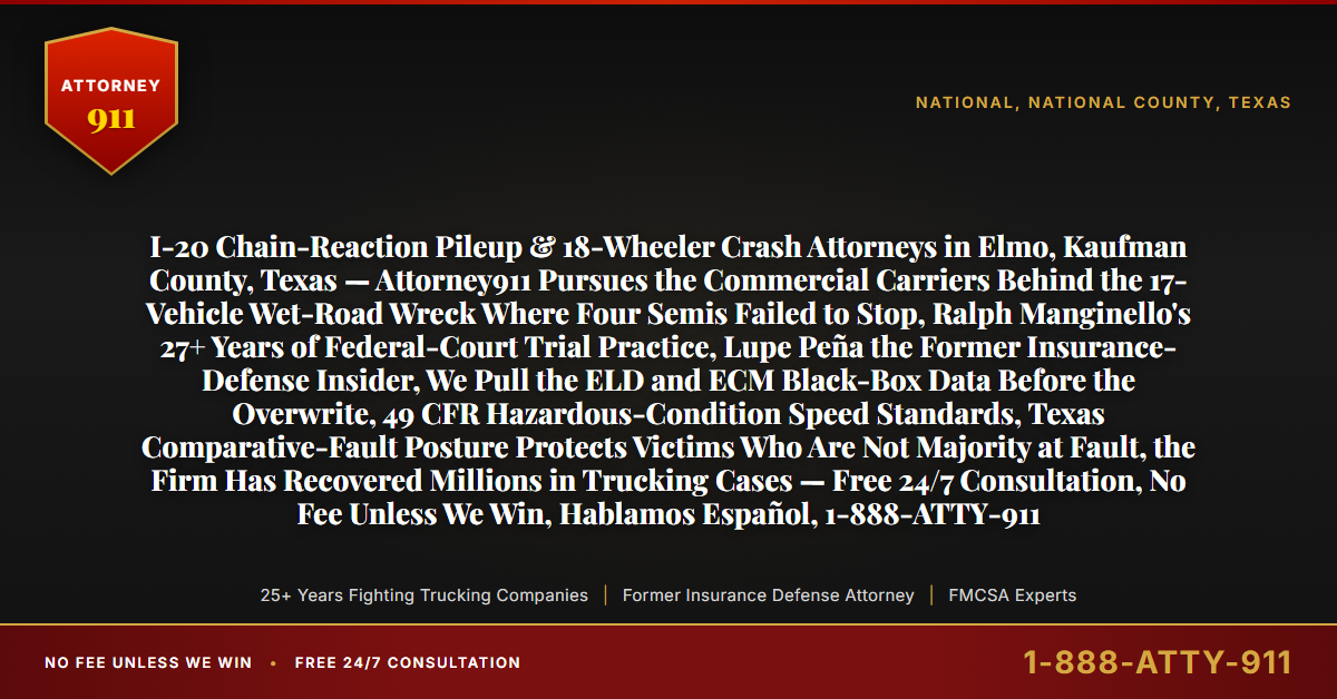 I-20 Chain-Reaction Pileup & 18-Wheeler Crash Attorneys in Elmo, Kaufman County, Texas — Attorney911 Pursues the Commercial Carriers Behind the 17-Vehicle Wet-Road Wreck Where Four Semis Failed to Stop, Ralph Manginello's 27+ Years of Federal-Court Trial Practice, Lupe Peña the Former Insurance-Defense Insider, We Pull the ELD and ECM Black-Box Data Before the Overwrite, 49 CFR Hazardous-Condition Speed Standards, Texas Comparative-Fault Posture Protects Victims Who Are Not Majority at Fault, the Firm Has Recovered Millions in Trucking Cases — Free 24/7 Consultation, No Fee Unless We Win, Hablamos Español, 1-888-ATTY-911 - Attorney911