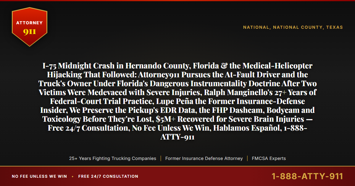 I-75 Midnight Crash in Hernando County, Florida & the Medical-Helicopter Hijacking That Followed: Attorney911 Pursues the At-Fault Driver and the Truck's Owner Under Florida's Dangerous Instrumentality Doctrine After Two Victims Were Medevaced with Severe Injuries, Ralph Manginello's 27+ Years of Federal-Court Trial Practice, Lupe Peña the Former Insurance-Defense Insider, We Preserve the Pickup's EDR Data, the FHP Dashcam, Bodycam and Toxicology Before They're Lost, $5M+ Recovered for Severe Brain Injuries — Free 24/7 Consultation, No Fee Unless We Win, Hablamos Español, 1-888-ATTY-911 - Attorney911